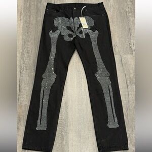 MNML Rhinestone Skeleton Jeans Black Denim Size 33